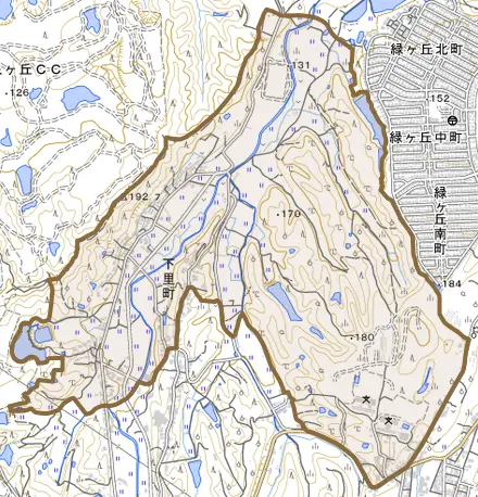 下里町とその周辺の地図。町の範囲を重ねている