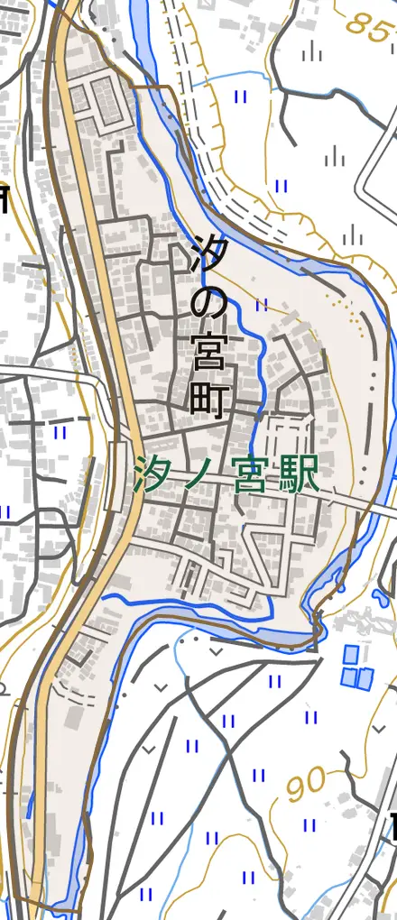 汐の宮町とその周辺の地図。町の範囲を重ねている