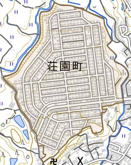 荘園町とその周辺の地図。町の範囲を重ねている