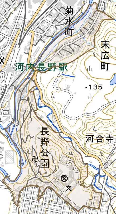 末広町とその周辺の地図。町の範囲を重ねている