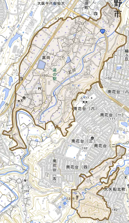 高向とその周辺の地図。町の範囲を重ねている