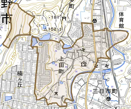 上田町とその周辺の地図。町の範囲を重ねている