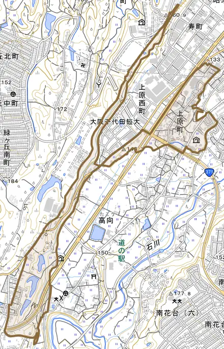 上原町とその周辺の地図。町の範囲を重ねている