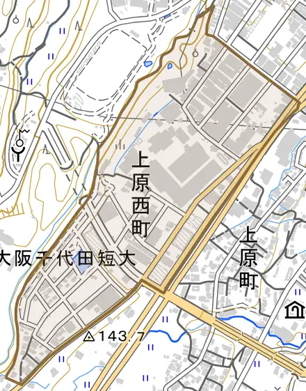 上原西町とその周辺の地図。町の範囲を重ねている