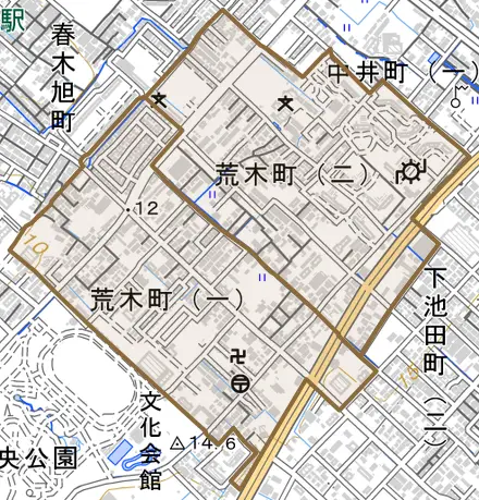 荒木町とその周辺の地図。町の範囲を重ねている