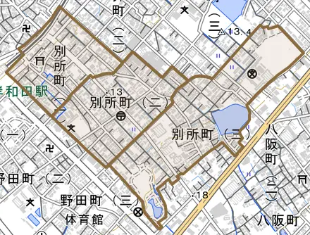 別所町とその周辺の地図。町の範囲を重ねている
