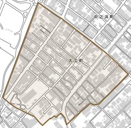 大工町とその周辺の地図。町の範囲を重ねている