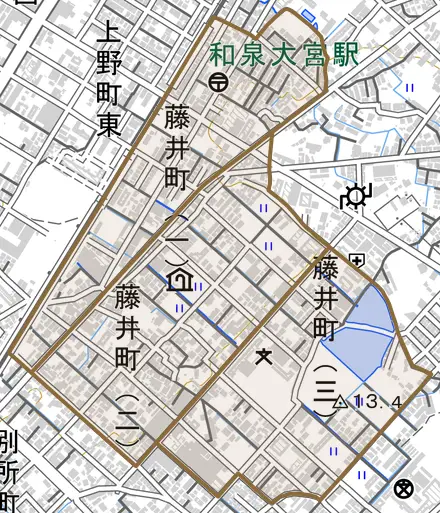 藤井町とその周辺の地図。町の範囲を重ねている
