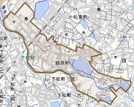 額原町とその周辺の地図。町の範囲を重ねている