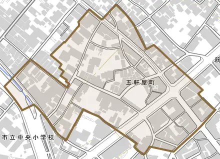 五軒屋町とその周辺の地図。町の範囲を重ねている
