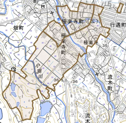 極楽寺町とその周辺の地図。町の範囲を重ねている