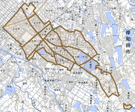 土生町とその周辺の地図。町の範囲を重ねている