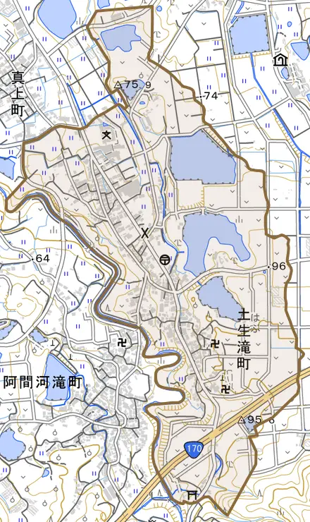 土生滝町とその周辺の地図。町の範囲を重ねている