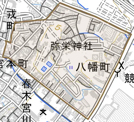 八幡町とその周辺の地図。町の範囲を重ねている