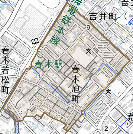 春木旭町とその周辺の地図。町の範囲を重ねている
