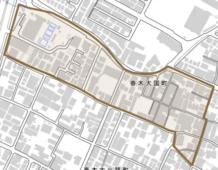 春木大国町とその周辺の地図。町の範囲を重ねている