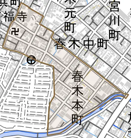 春木本町とその周辺の地図。町の範囲を重ねている