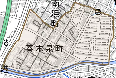 春木泉町とその周辺の地図。町の範囲を重ねている
