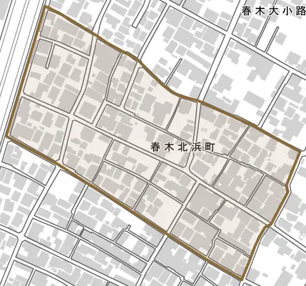 春木北浜町とその周辺の地図。町の範囲を重ねている