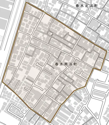 春木南浜町とその周辺の地図。町の範囲を重ねている