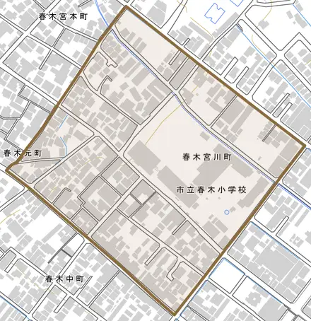 春木宮川町とその周辺の地図。町の範囲を重ねている