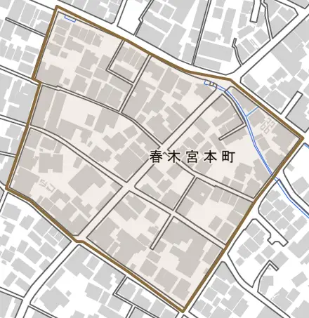 春木宮本町とその周辺の地図。町の範囲を重ねている