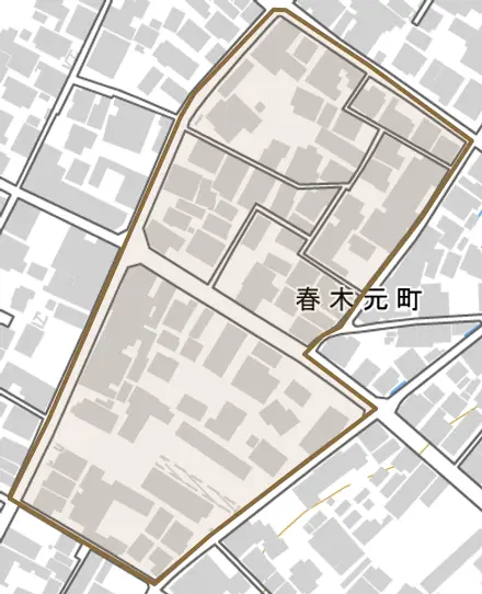 春木元町とその周辺の地図。町の範囲を重ねている