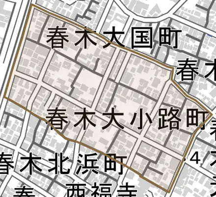 春木大小路町とその周辺の地図。町の範囲を重ねている