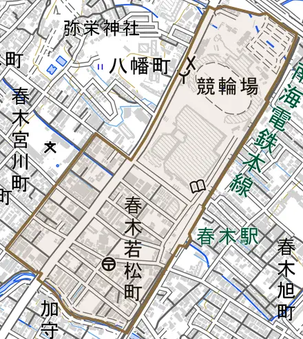 春木若松町とその周辺の地図。町の範囲を重ねている