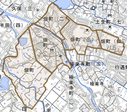 畑町とその周辺の地図。町の範囲を重ねている