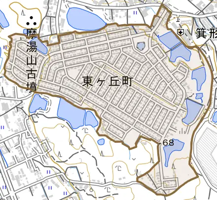 東ケ丘町とその周辺の地図。町の範囲を重ねている