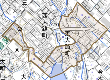 東大路町とその周辺の地図。町の範囲を重ねている