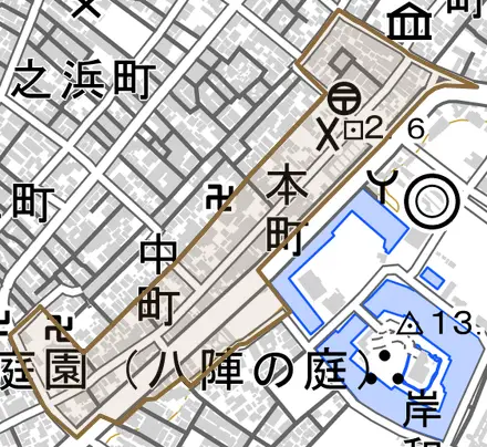 本町とその周辺の地図。町の範囲を重ねている