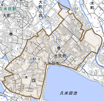 池尻町とその周辺の地図。町の範囲を重ねている