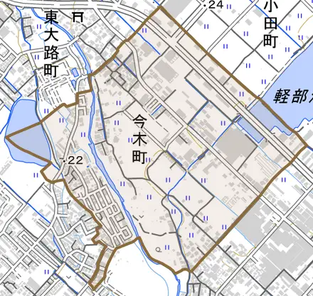 今木町とその周辺の地図。町の範囲を重ねている