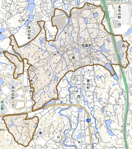 稲葉町とその周辺の地図。町の範囲を重ねている