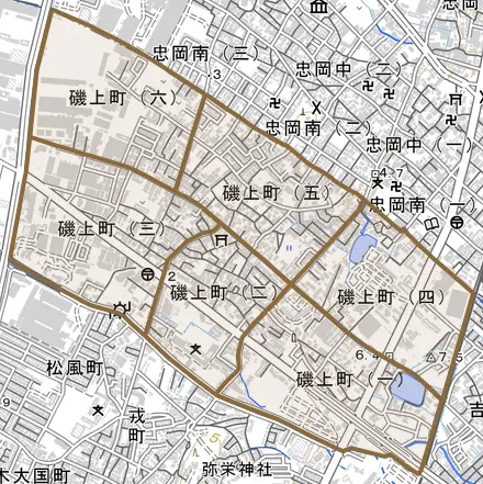 磯上町とその周辺の地図。町の範囲を重ねている