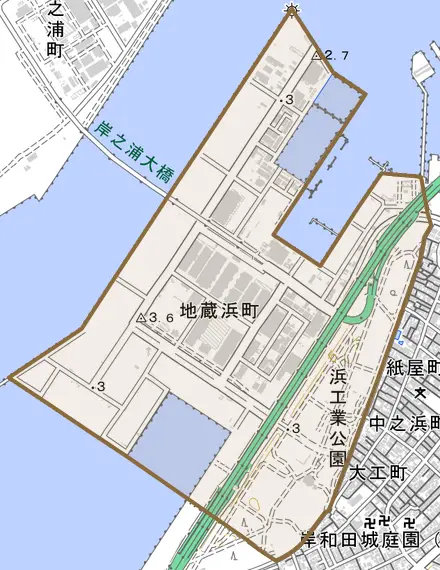 地蔵浜町とその周辺の地図。町の範囲を重ねている