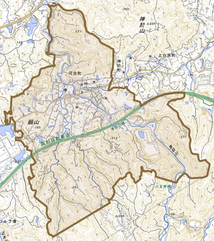 河合町とその周辺の地図。町の範囲を重ねている
