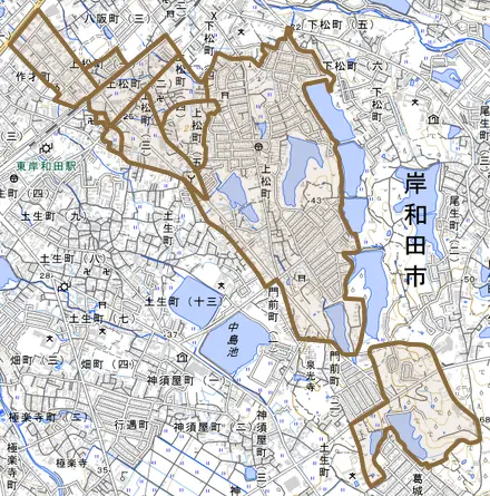 上松町とその周辺の地図。町の範囲を重ねている