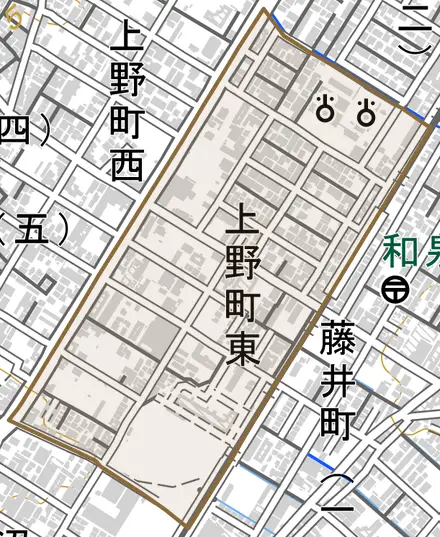 上野町東とその周辺の地図。町の範囲を重ねている