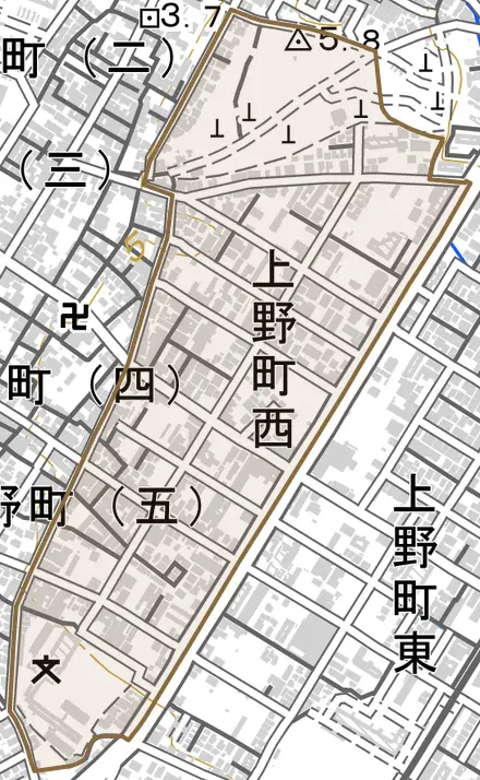 上野町西とその周辺の地図。町の範囲を重ねている