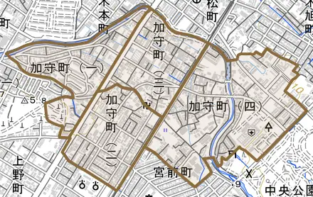 加守町とその周辺の地図。町の範囲を重ねている