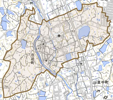 包近町とその周辺の地図。町の範囲を重ねている