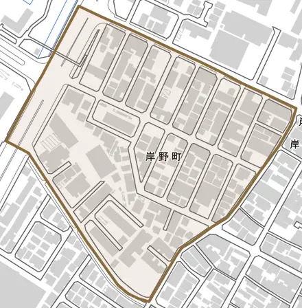 岸野町とその周辺の地図。町の範囲を重ねている