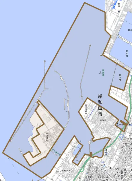 岸之浦町とその周辺の地図。町の範囲を重ねている