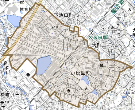 小松里町とその周辺の地図。町の範囲を重ねている