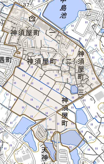神須屋町とその周辺の地図。町の範囲を重ねている