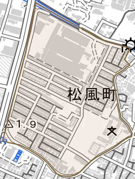 松風町とその周辺の地図。町の範囲を重ねている