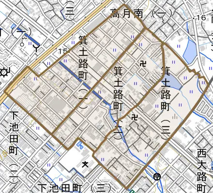 箕土路町とその周辺の地図。町の範囲を重ねている